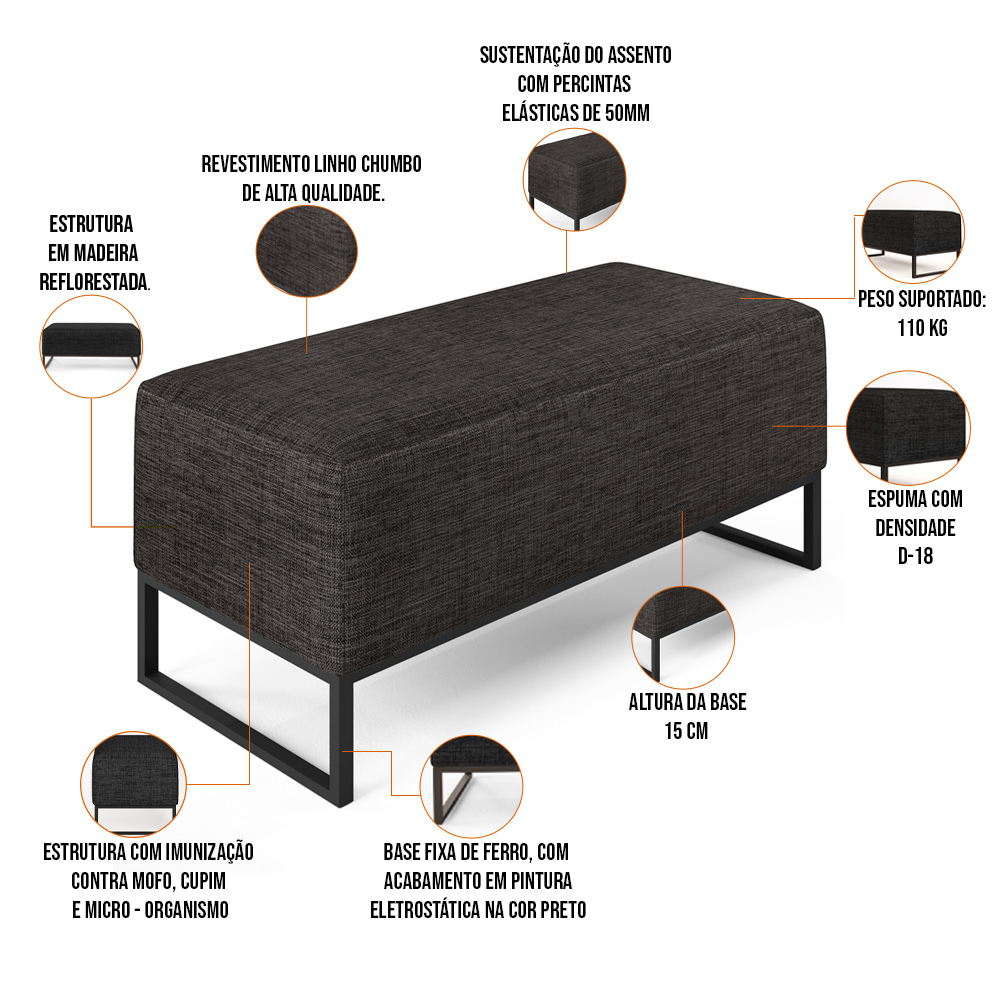 Kit 02 Puffs Decorativo Para Sala de Estar Cléo W01 Base de Ferro 90 cm Linho Chumbo - Lyam Decor