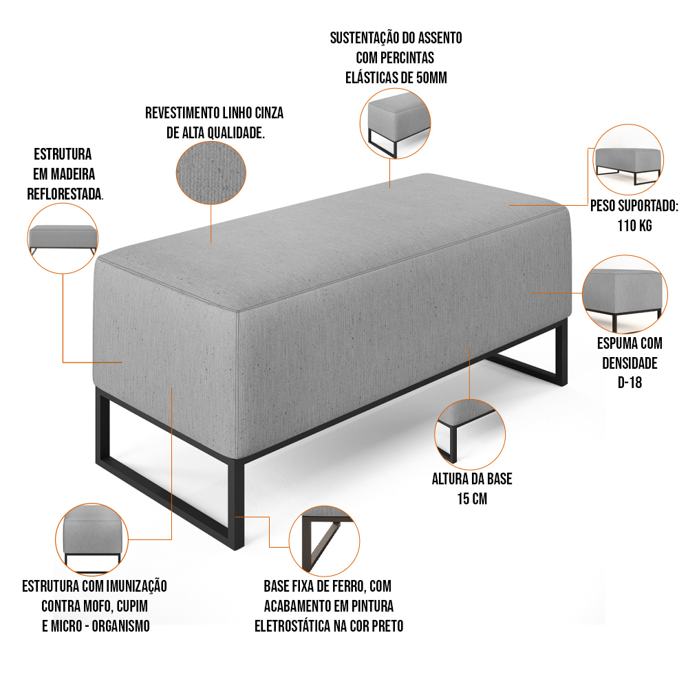 Kit 02 Puffs Decorativo Para Sala de Estar Cléo W01 Base de Ferro 90 cm Linho Cinza - Lyam Decor
