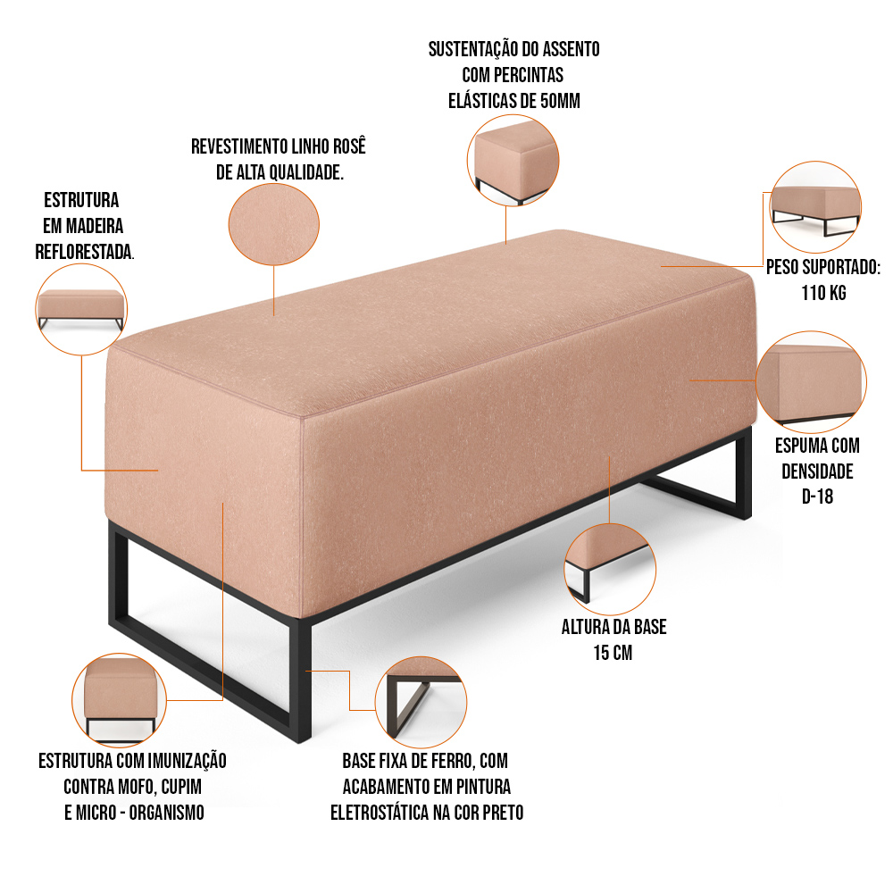 Kit 02 Puffs Decorativo Para Sala de Estar Cléo W01 Base de Ferro 90 cm Linho Rosê - Lyam Decor