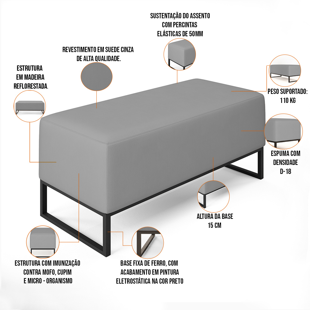 Kit 02 Puffs Decorativo Para Sala de Estar Cléo W01 Base de Ferro 90 cm Suede Cinza - Lyam Decor