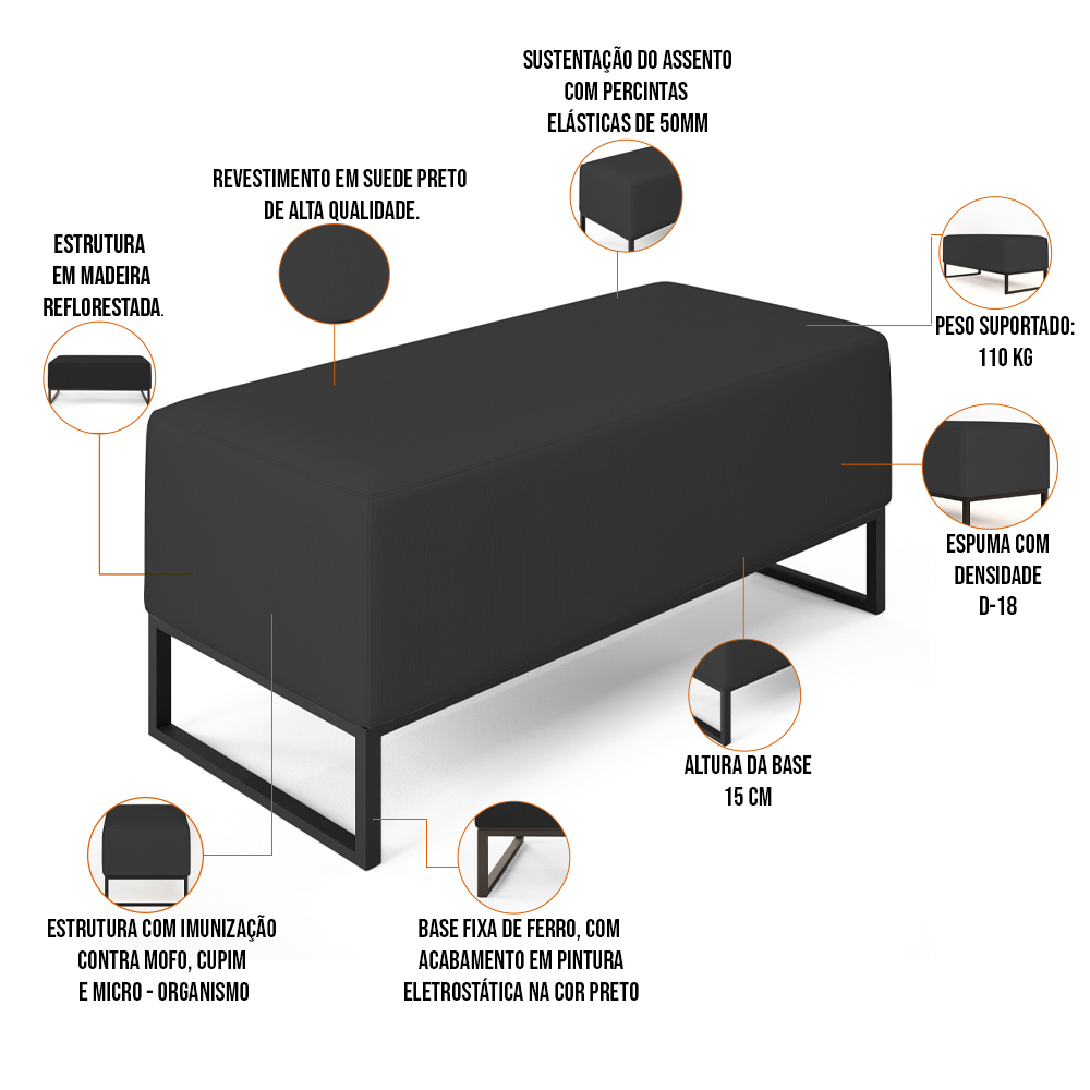 Kit 02 Puffs Decorativo Para Sala de Estar Cléo W01 Base de Ferro 90 cm Suede Preto - Lyam Decor