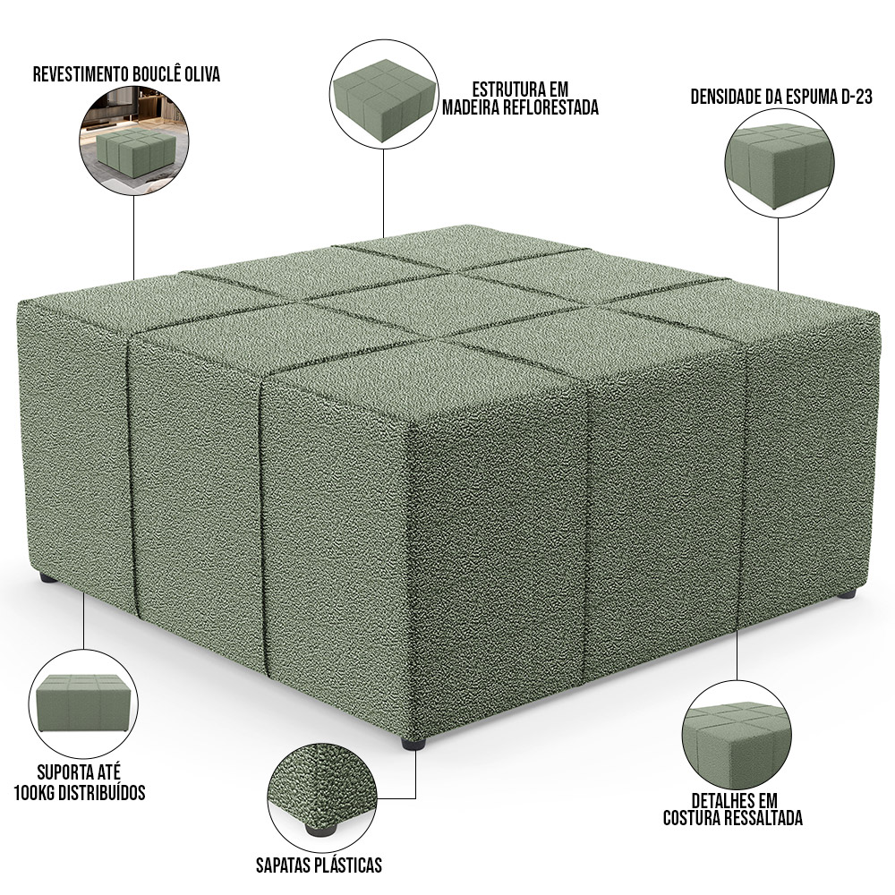 Kit 02 Puffs Decorativo Para Sala de Estar Quadrado Milano 90x90cm W01 Bouclê Oliva - Lyam Decor