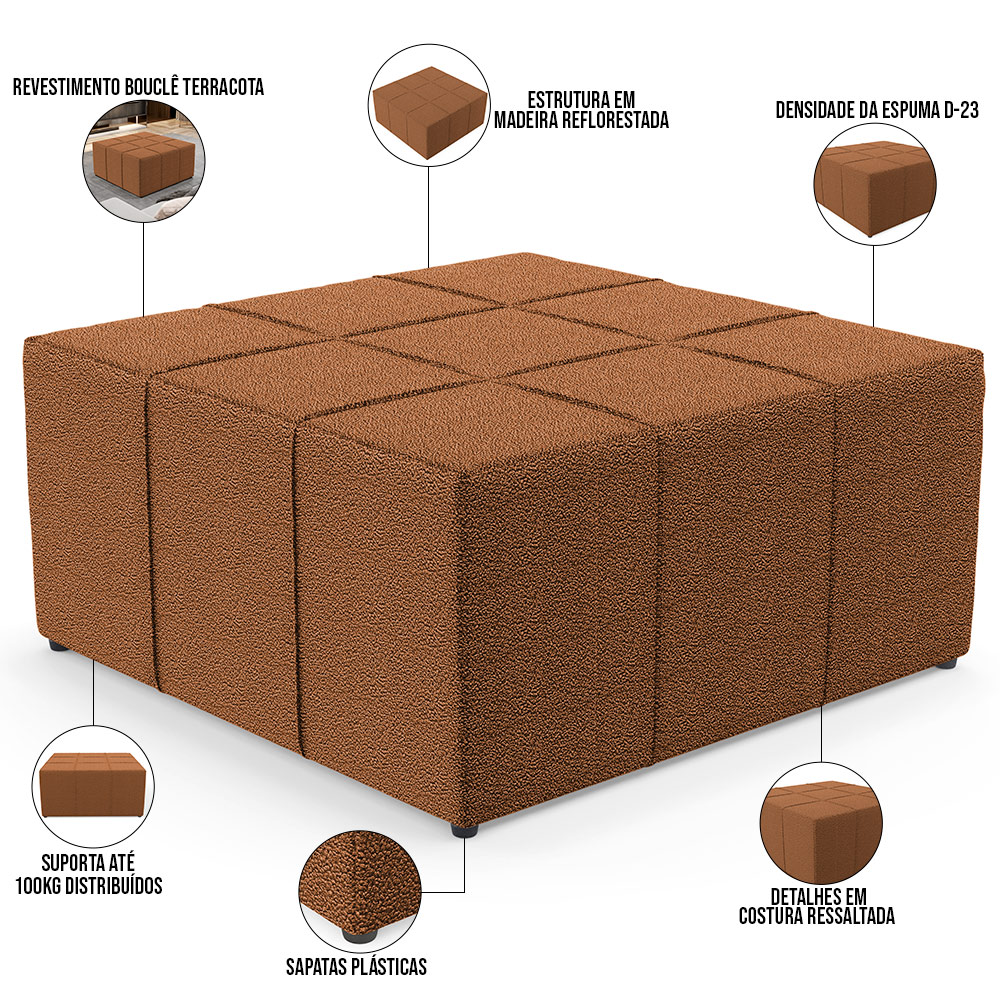 Kit 02 Puffs Decorativo Para Sala de Estar Quadrado Milano 90x90cm W01 Bouclê Terracota - Lyam Decor