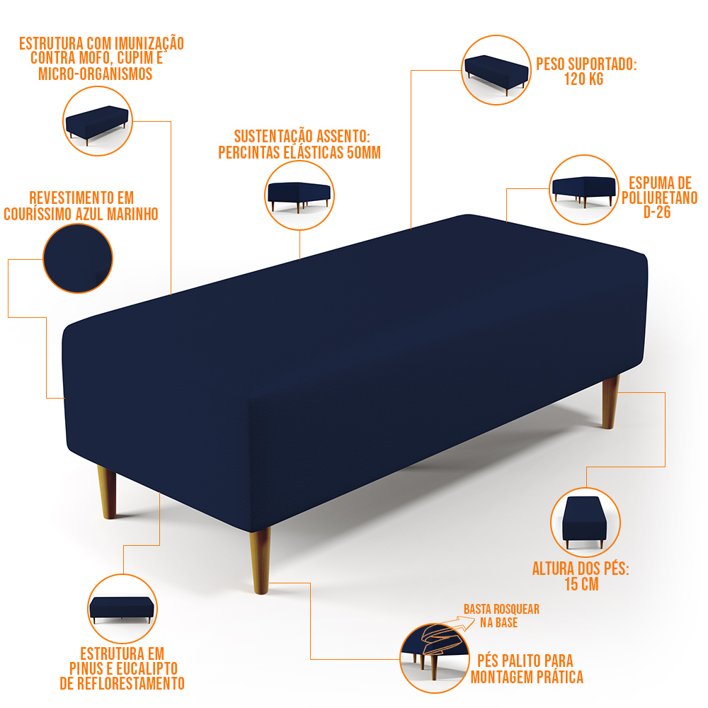 Kit 02 Puffs Decorativo Sala Bali W01 Pés Palito 120x50cm Couro Sintético Azul Marinho - Lyam Decor