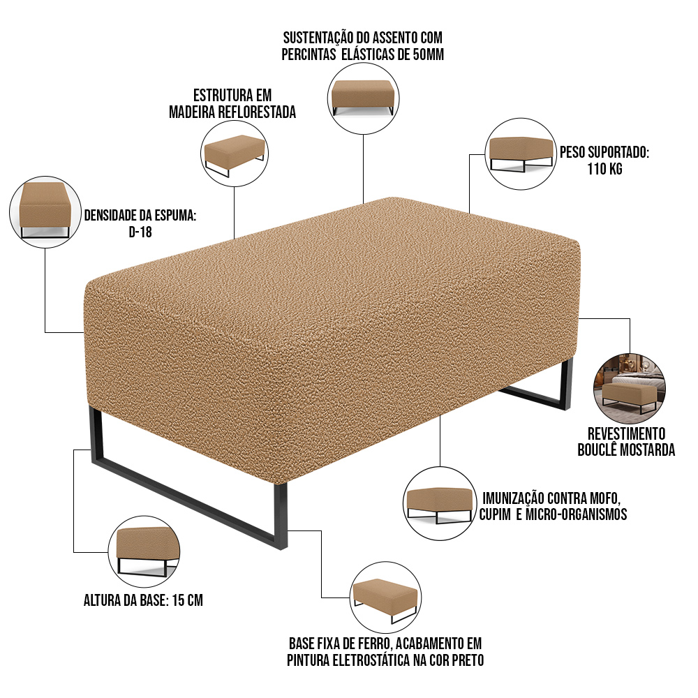 Kit 02 Puffs Decorativo Sala De Estar Cléo 90cm Base De Ferro Preto W01 Bouclê Mostarda - Lyam Decor