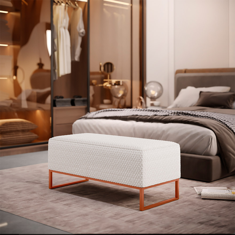 Kit 02 Puffs Decorativo Sala De Estar Cléo 90cm W01 Base Ferro Cobre Bouclê Cru - Lyam Decor