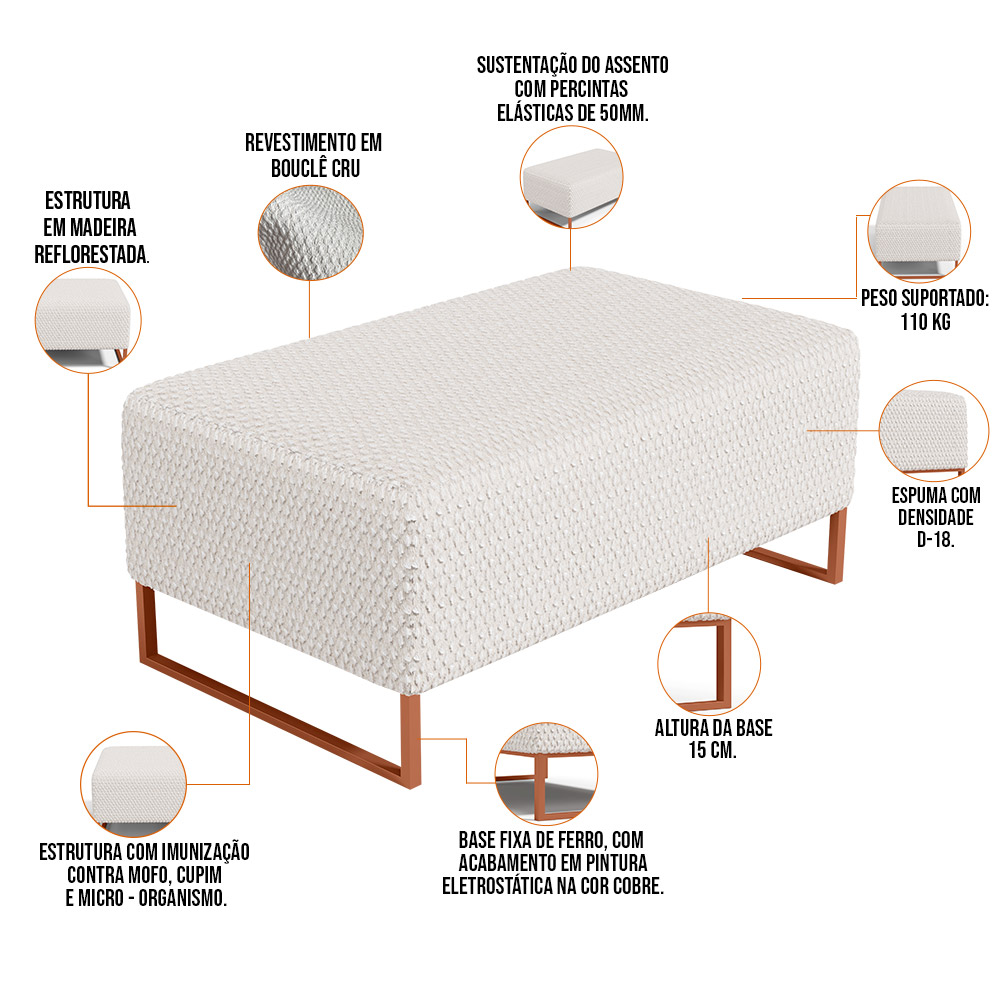 Kit 02 Puffs Decorativo Sala De Estar Cléo 90cm W01 Base Ferro Cobre Bouclê Cru - Lyam Decor