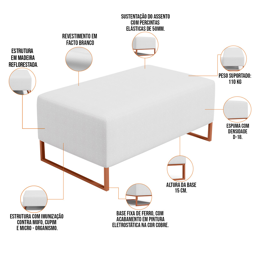 Kit 02 Puffs Decorativo Sala De Estar Cléo 90cm W01 Base Ferro Cobre Corano Branco - Lyam Decor