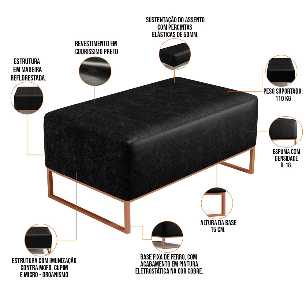 Kit 02 Puffs Decorativo Sala De Estar Cléo 90cm W01 Base Ferro Cobre Couríssimo Preto - Lyam Decor
