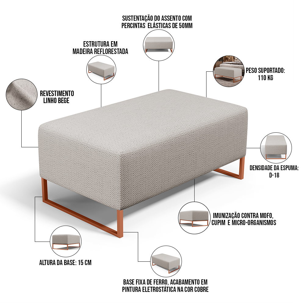 Kit 02 Puffs Decorativo Sala De Estar Cléo 90cm W01 Base Ferro Cobre Linho Bege - Lyam Decor