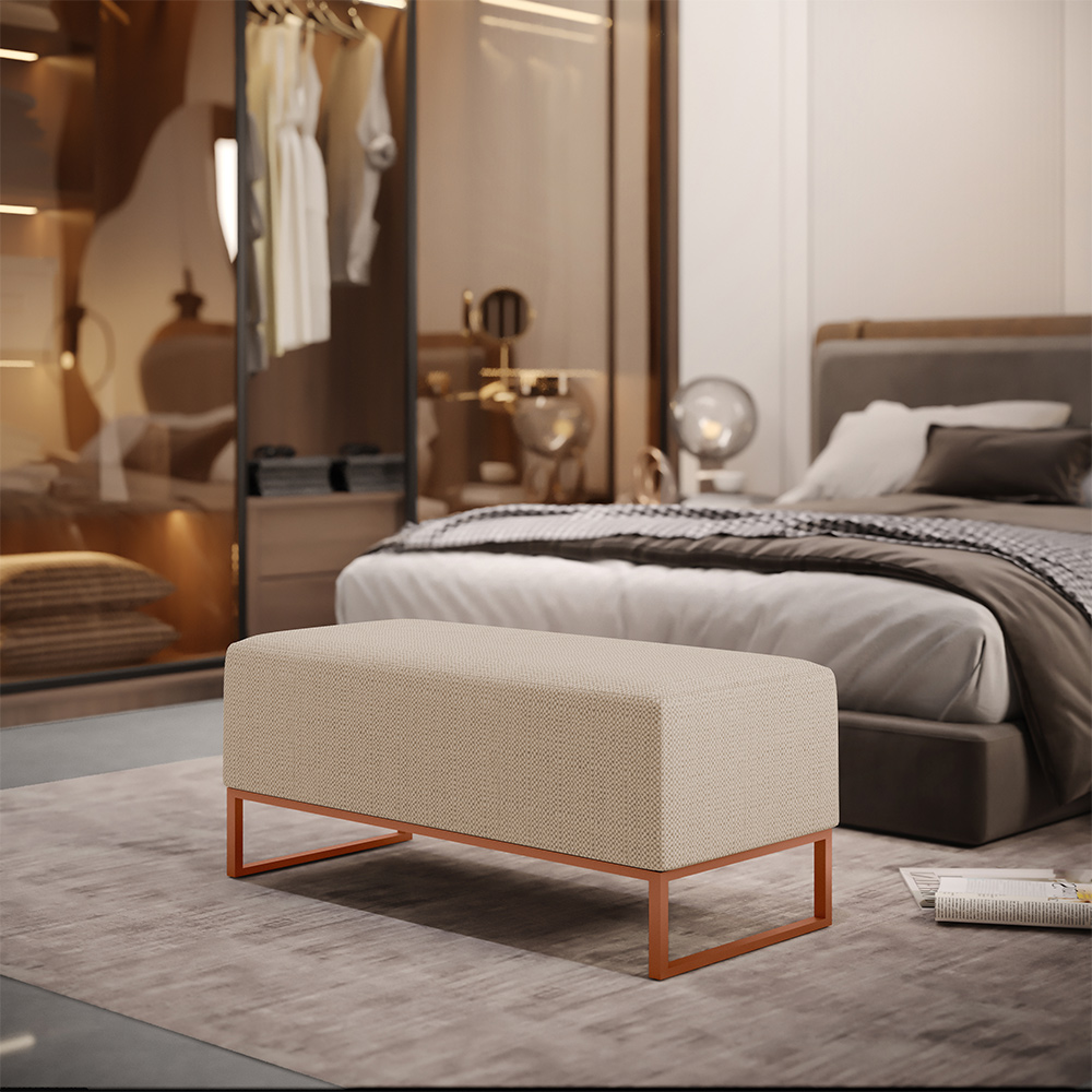Kit 02 Puffs Decorativo Sala De Estar Cléo 90cm W01 Base Ferro Cobre Linho Bege Escuro - Lyam Decor