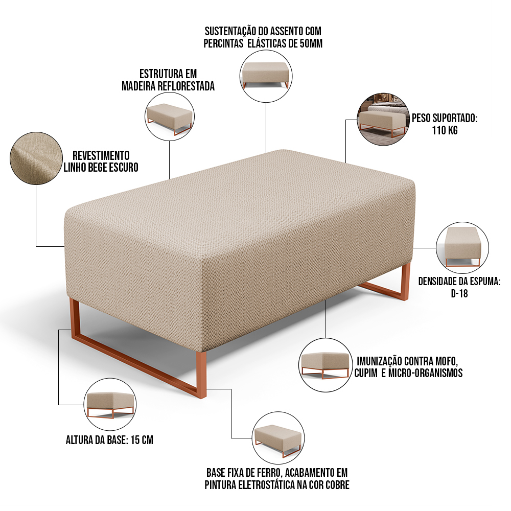 Kit 02 Puffs Decorativo Sala De Estar Cléo 90cm W01 Base Ferro Cobre Linho Bege Escuro - Lyam Decor