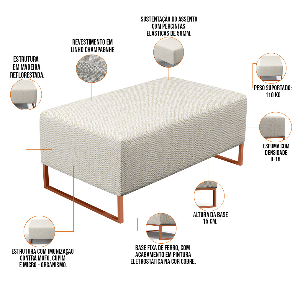 Kit 02 Puffs Decorativo Sala De Estar Cléo 90cm W01 Base Ferro Cobre Linho Champagne - Lyam Decor