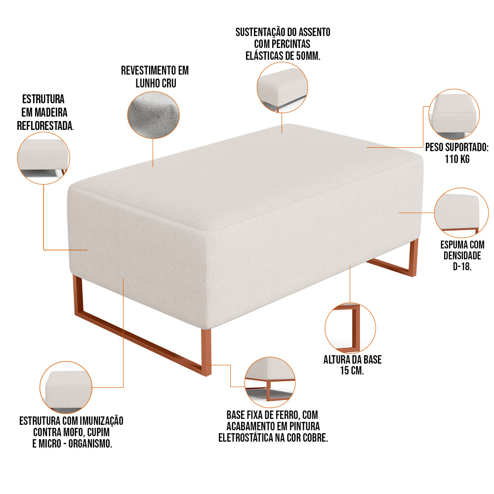Kit 02 Puffs Decorativo Sala De Estar Cléo 90cm W01 Base Ferro Cobre Linho Cru - Lyam Decor