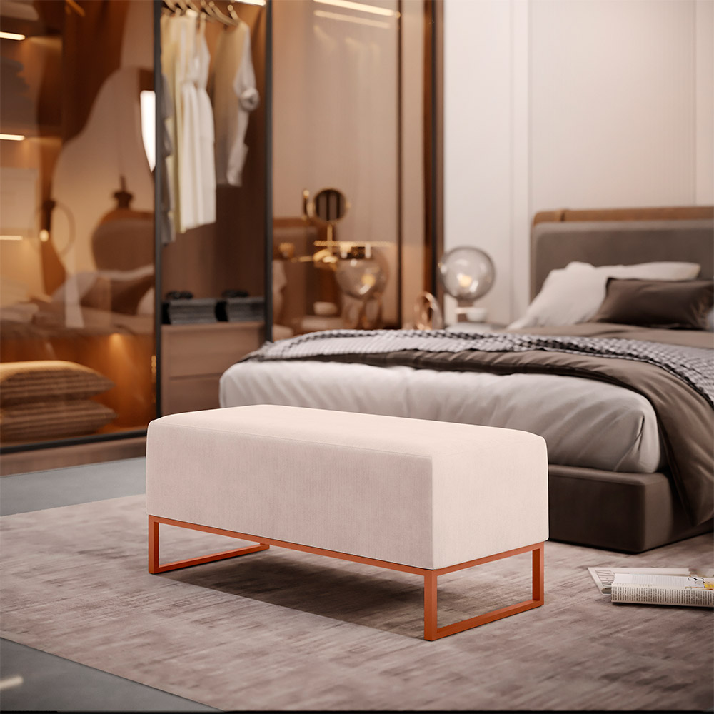 Kit 02 Puffs Decorativo Sala De Estar Cléo 90cm W01 Base Ferro Cobre Suede Bege - Lyam Decor