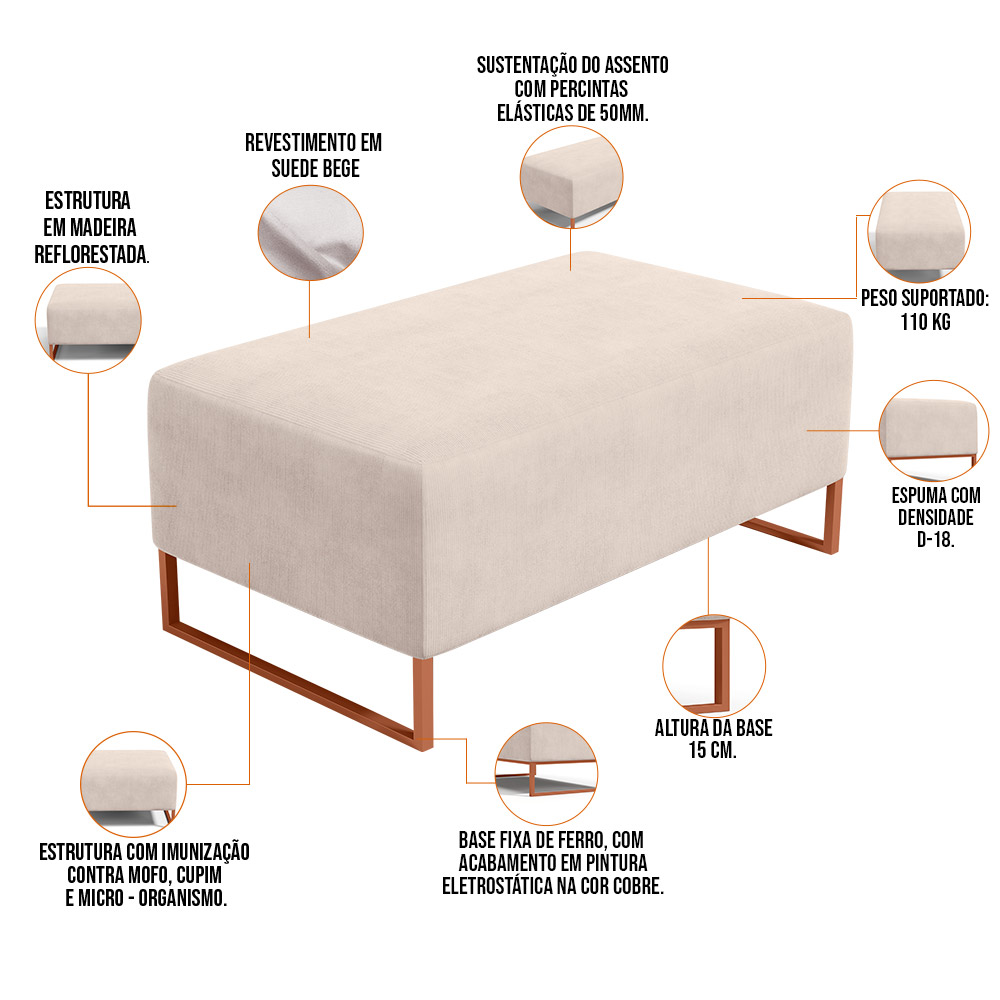 Kit 02 Puffs Decorativo Sala De Estar Cléo 90cm W01 Base Ferro Cobre Suede Bege - Lyam Decor