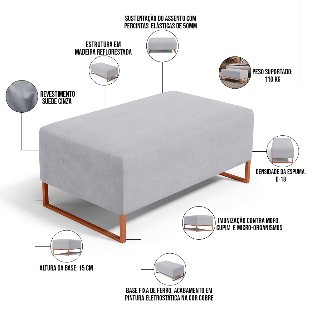Kit 02 Puffs Decorativo Sala De Estar Cléo 90cm W01 Base Ferro Cobre Suede Cinza - Lyam Decor