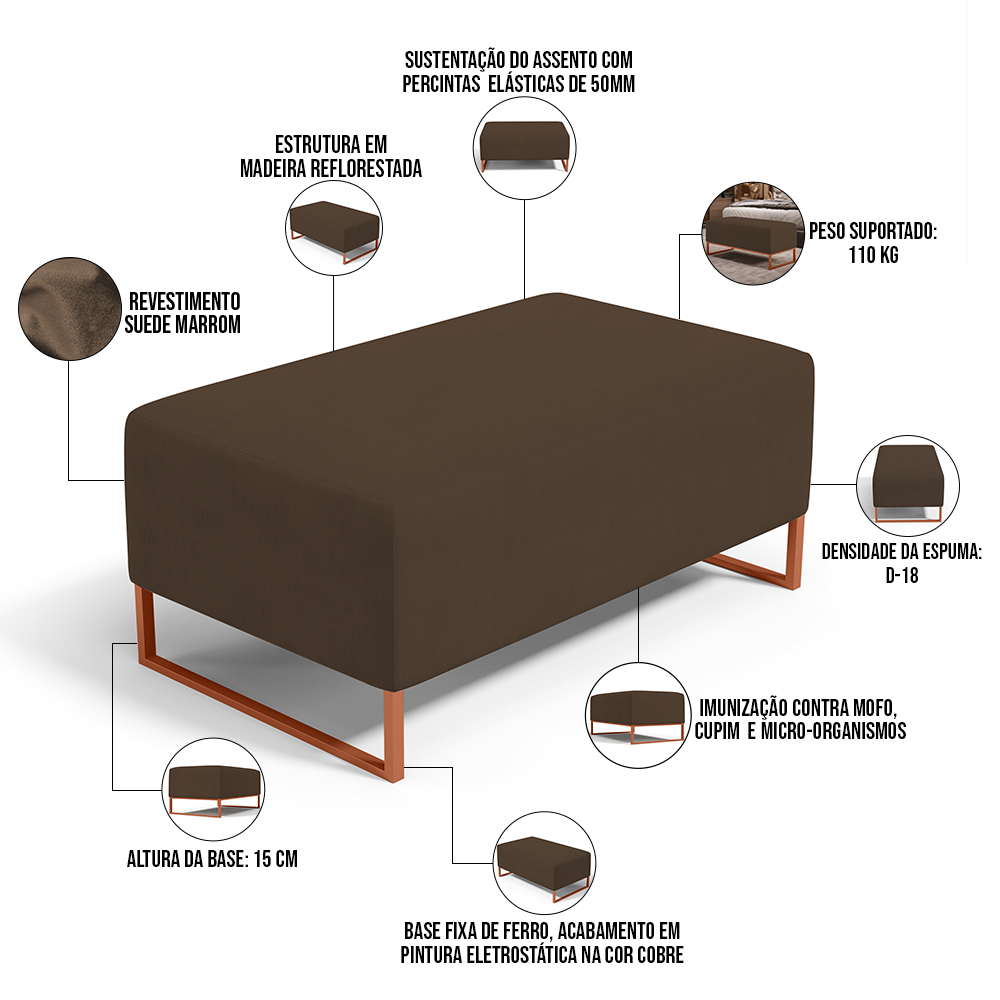 Kit 02 Puffs Decorativo Sala De Estar Cléo 90cm W01 Base Ferro Cobre Suede Marrom - Lyam Decor