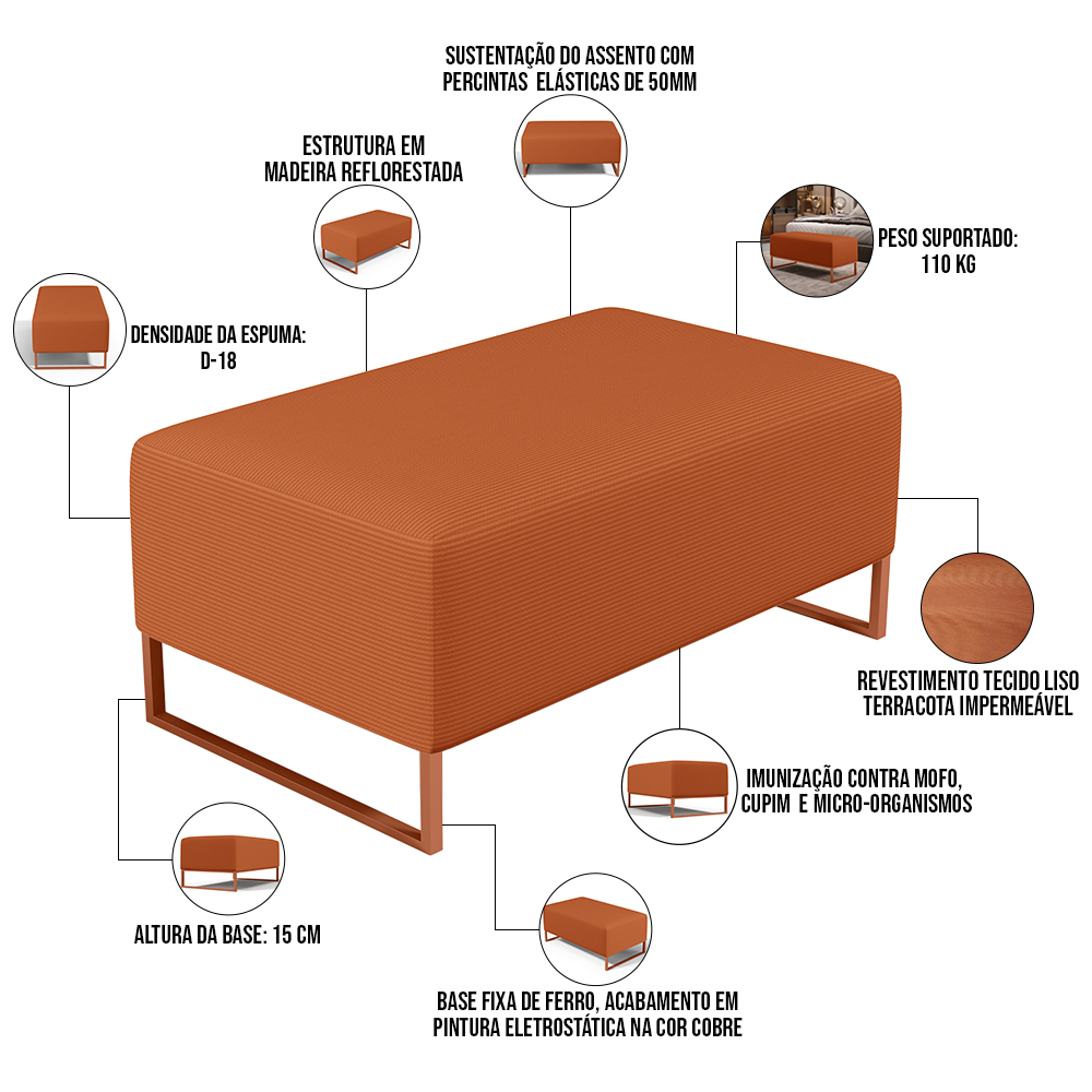Kit 02 Puffs Decorativo Sala De Estar Cléo 90cm W01 Base Ferro Cobre Tecido Terracota - Lyam Decor