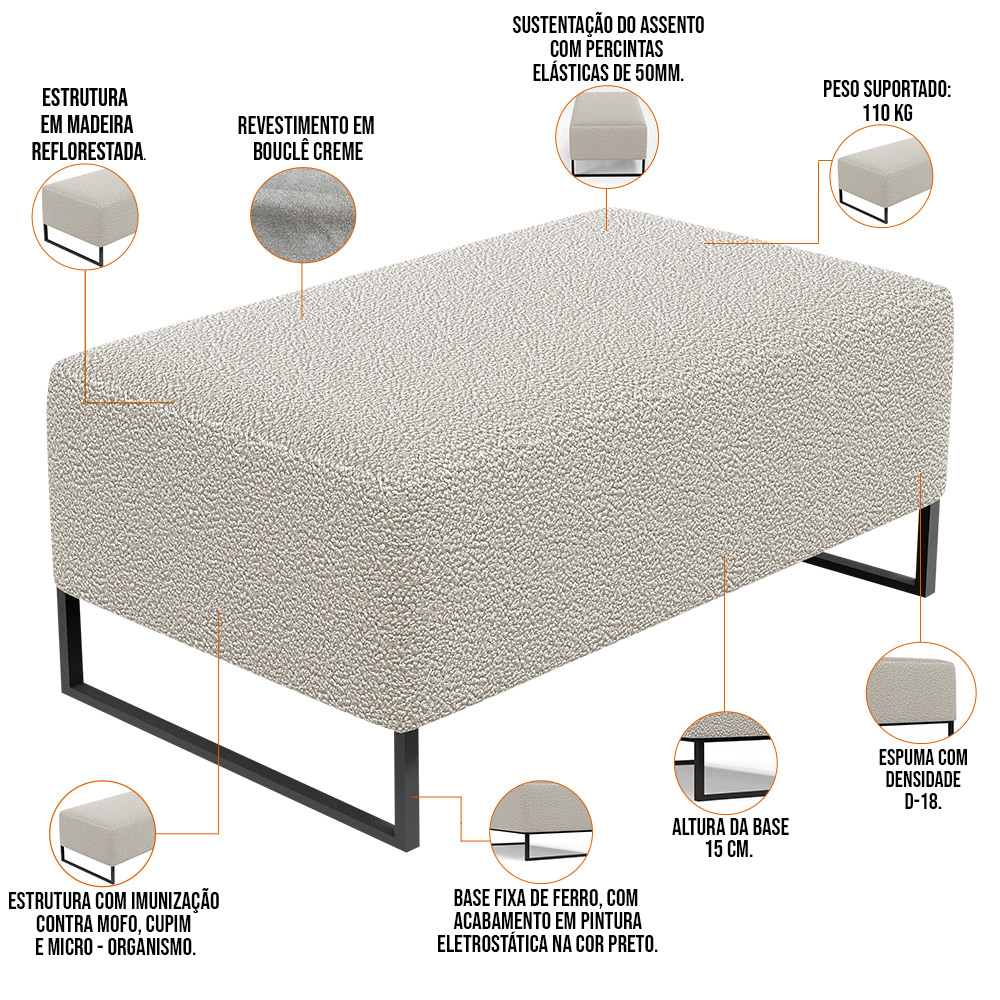 Kit 02 Puffs Decorativo Sala De Estar Cléo 90cm W01 Base Ferro Preto Bouclê Creme - Lyam Decor