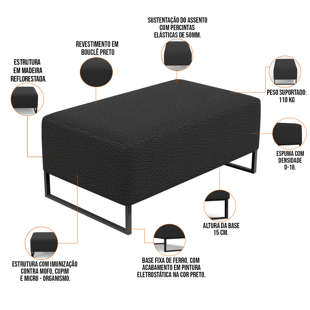Kit 02 Puffs Decorativo Sala De Estar Cléo 90cm W01 Base Ferro Preto Bouclê Preto - Lyam Decor