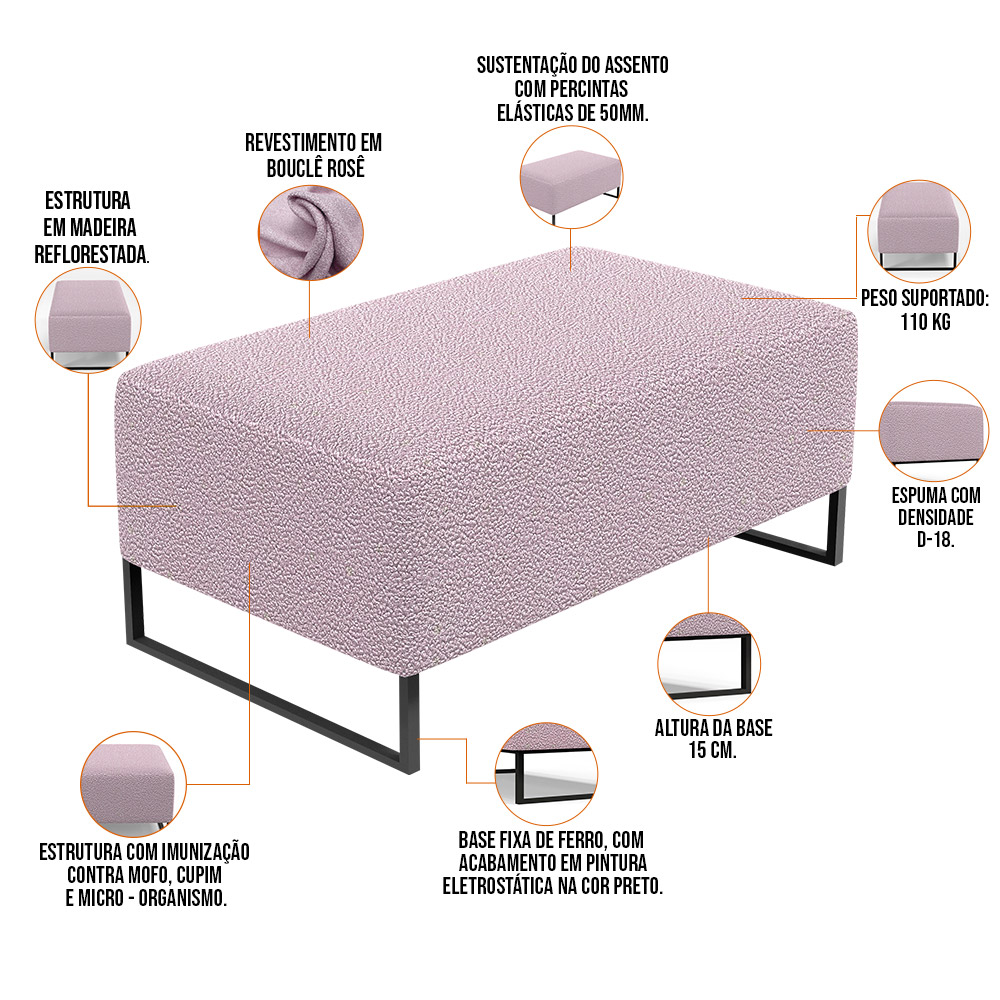Kit 02 Puffs Decorativo Sala De Estar Cléo 90cm W01 Base Ferro Preto Bouclê Rosê - Lyam Decor