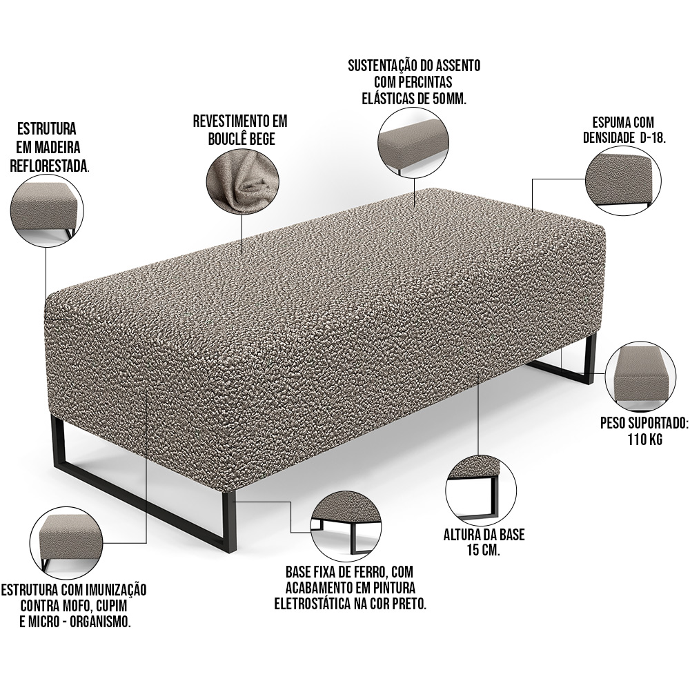 Kit 02 Puffs Decorativo Sala de Estar Bali W01 Base Ferro 120x50 cm Bouclê Bege - Lyam Decor