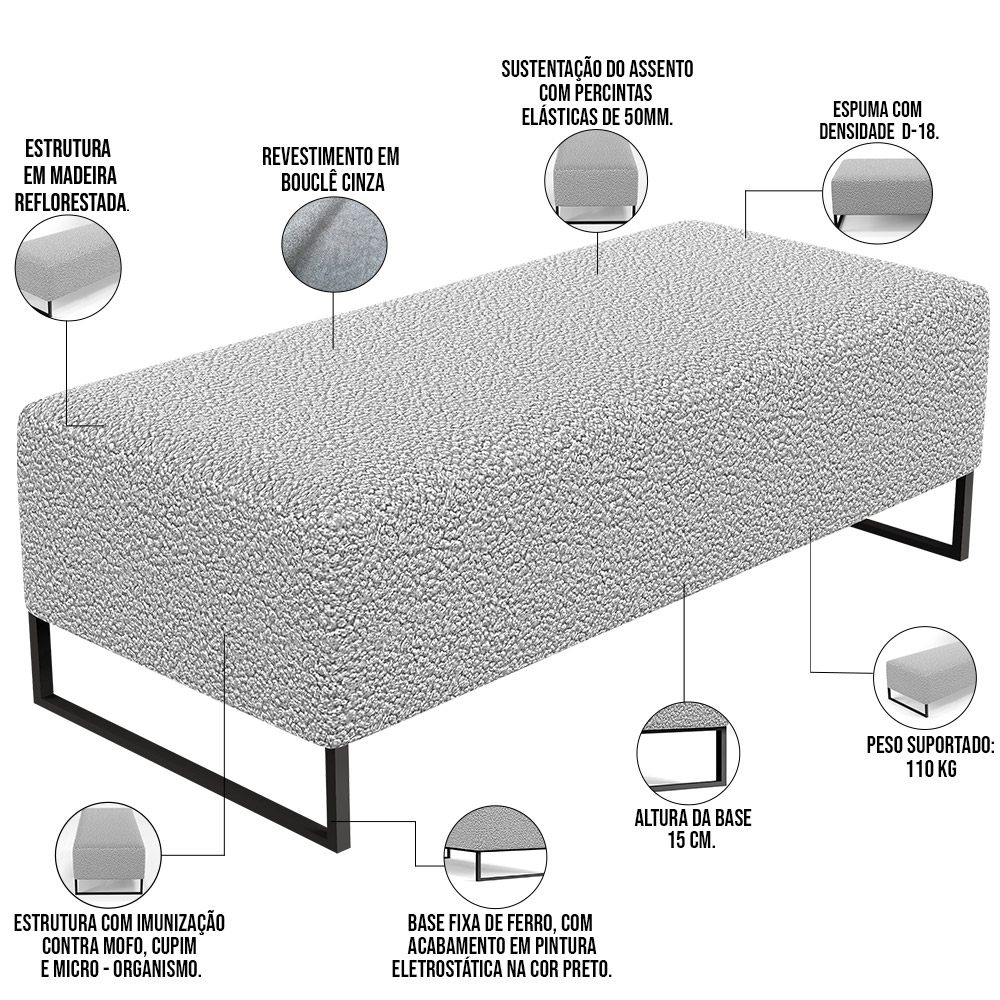 Kit 02 Puffs Decorativo Sala de Estar Bali W01 Base Ferro 120x50 cm Bouclê Cinza - Lyam Decor