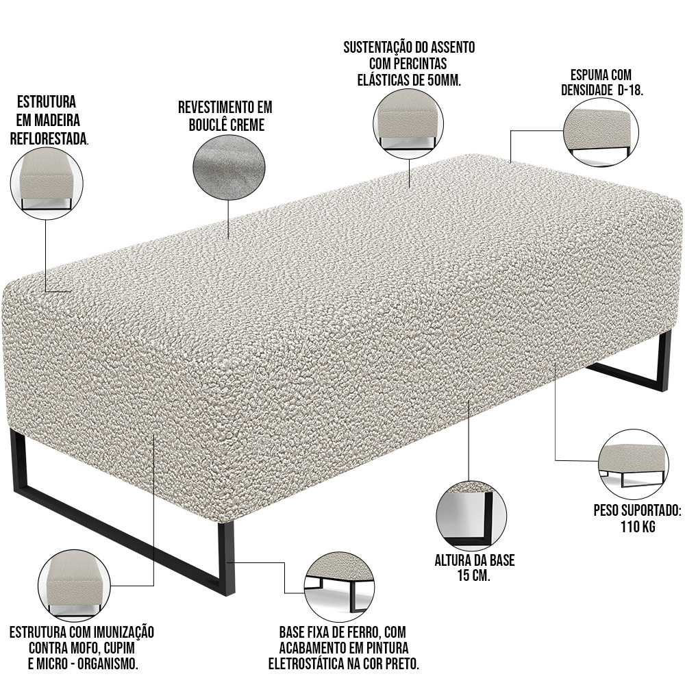 Kit 02 Puffs Decorativo Sala de Estar Bali W01 Base Ferro 120x50 cm Bouclê Creme - Lyam Decor