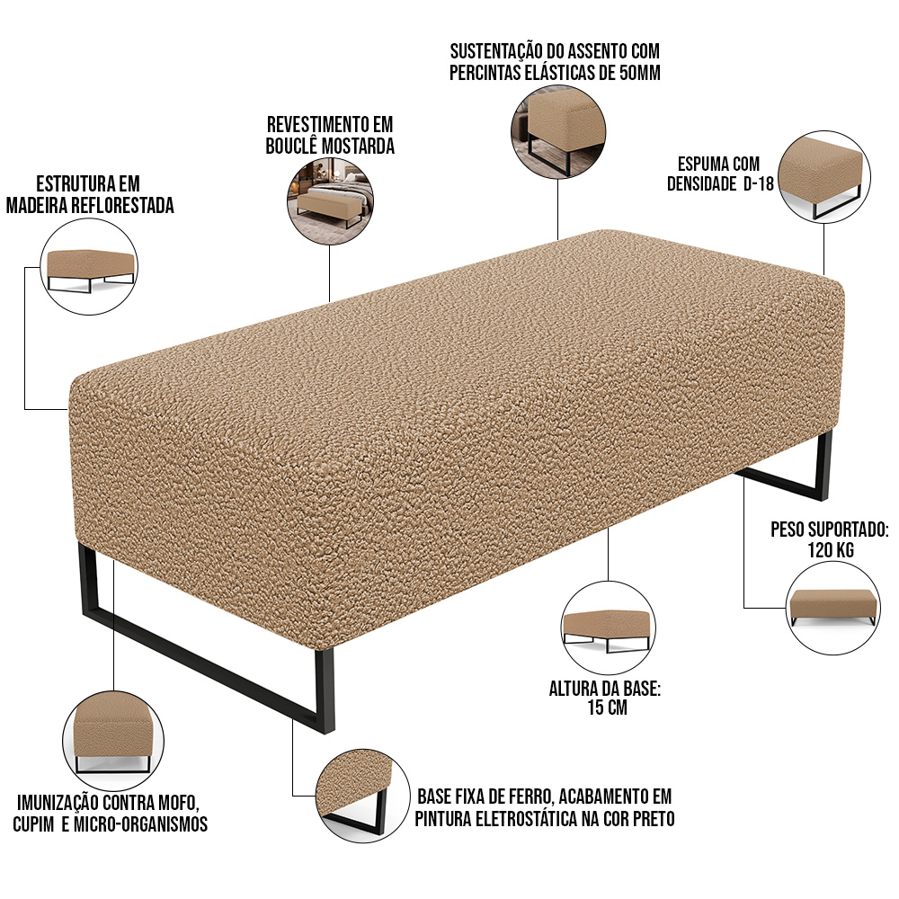 Kit 02 Puffs Decorativo Sala de Estar Bali W01 Base Ferro 120x50 cm Bouclê Mostarda - Lyam Decor