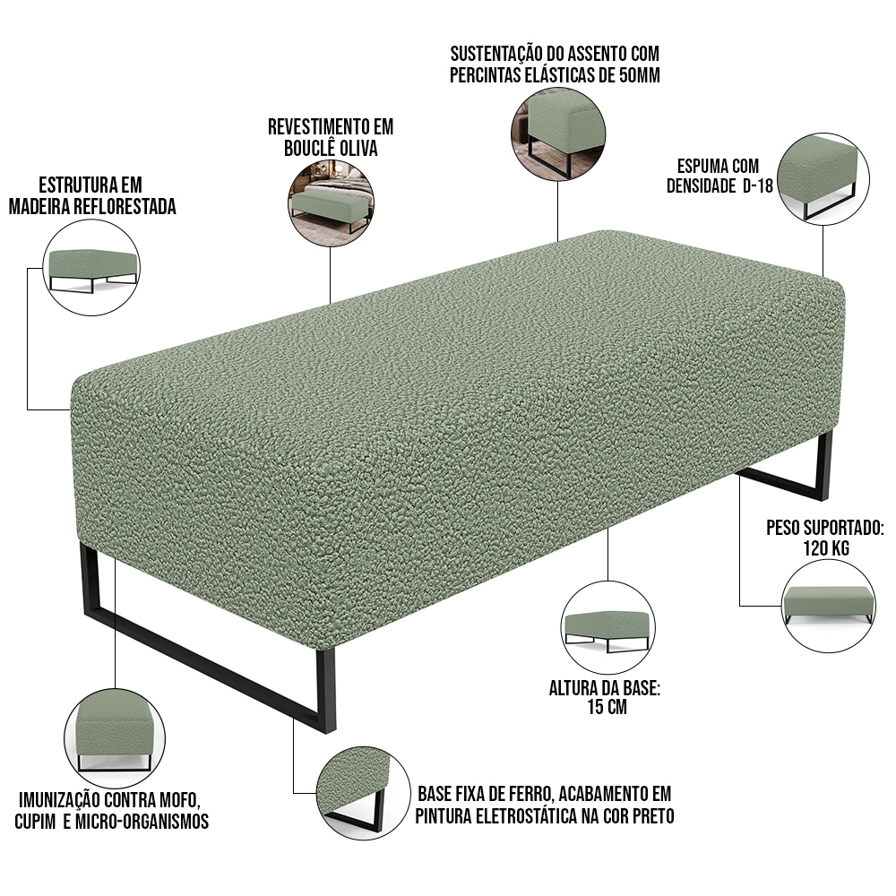 Kit 02 Puffs Decorativo Sala de Estar Bali W01 Base Ferro 120x50 cm Bouclê Oliva - Lyam Decor