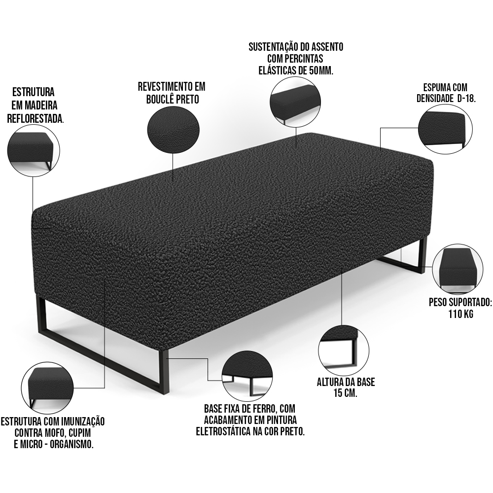 Kit 02 Puffs Decorativo Sala de Estar Bali W01 Base Ferro 120x50 cm Bouclê Preto - Lyam Decor