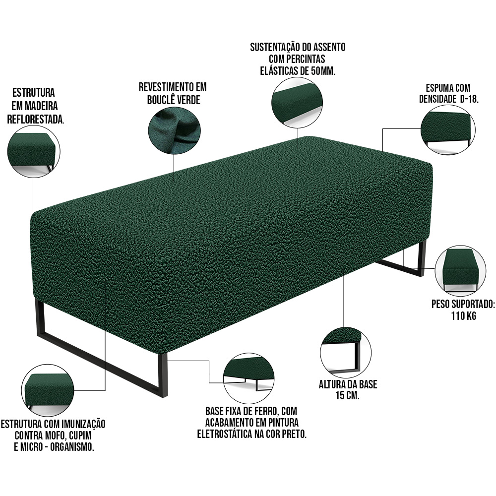 Kit 02 Puffs Decorativo Sala de Estar Bali W01 Base Ferro 120x50 cm Bouclê Verde - Lyam Decor