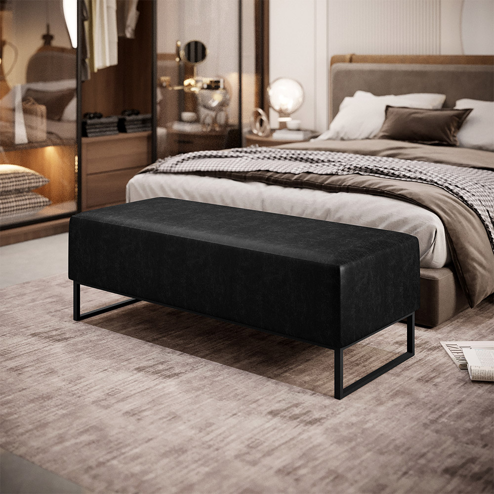 Kit 02 Puffs Decorativo Sala de Estar Bali W01 Base Ferro 120x50 cm Couríssimo Preto - Lyam Decor