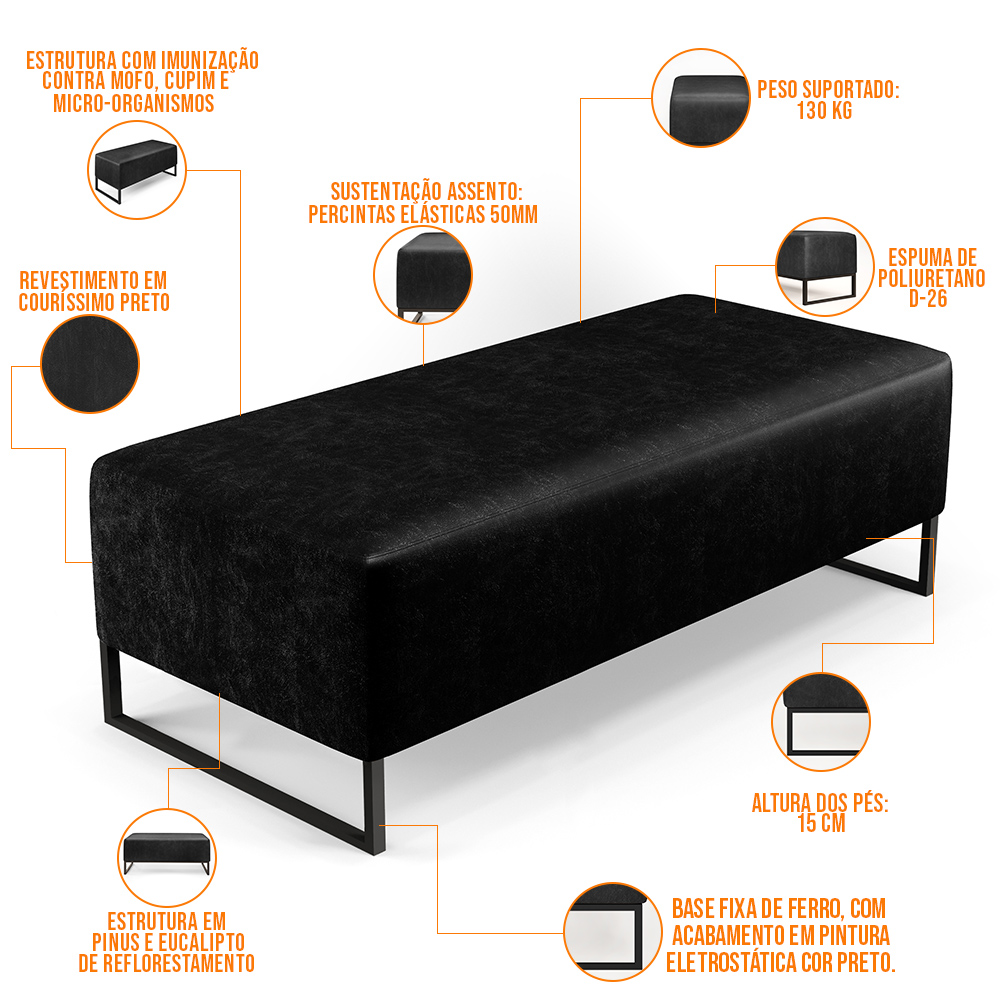Kit 02 Puffs Decorativo Sala de Estar Bali W01 Base Ferro 120x50 cm Couríssimo Preto - Lyam Decor