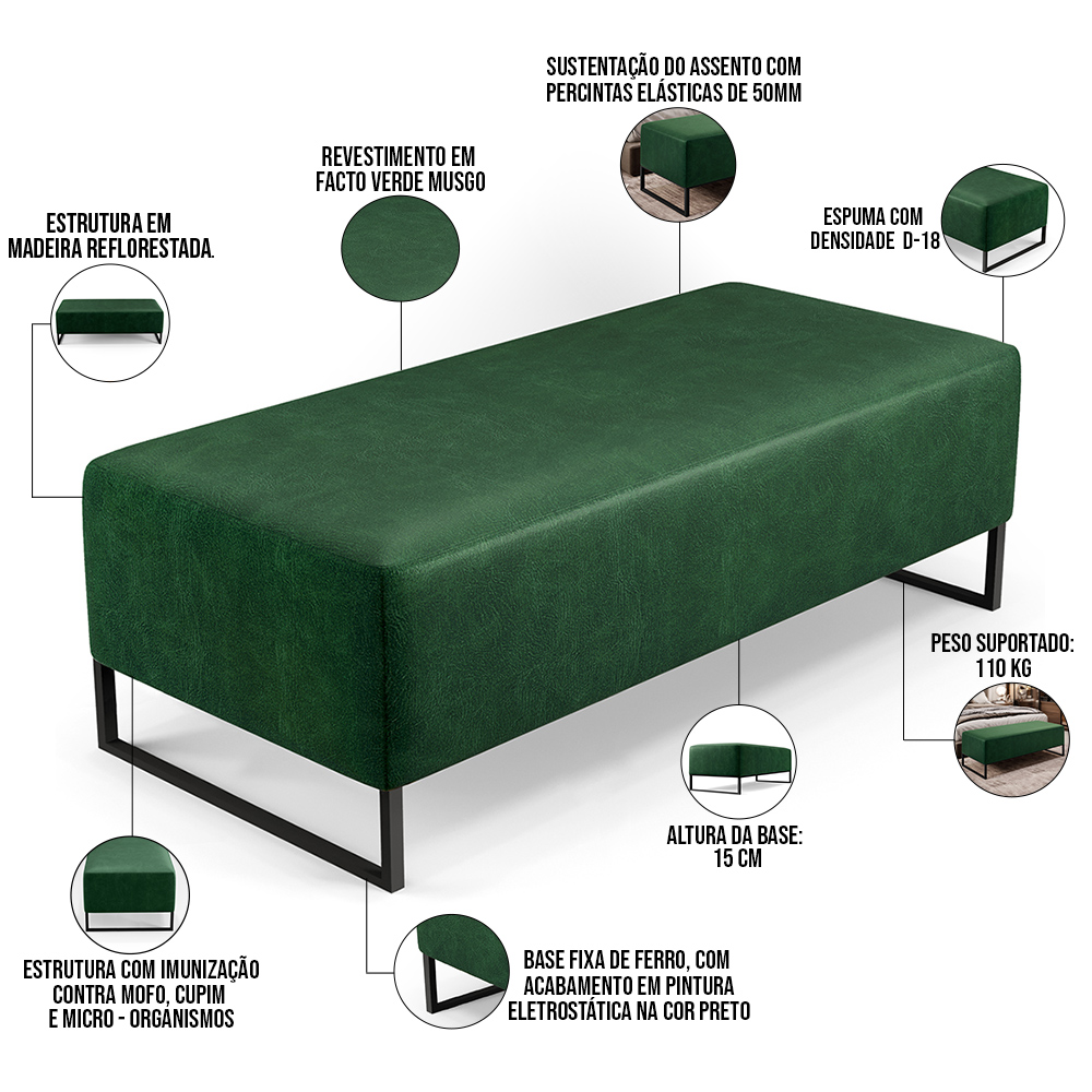 Kit 02 Puffs Decorativo Sala de Estar Bali W01 Base Ferro 120x50 cm Facto Verde Musgo - Lyam Decor