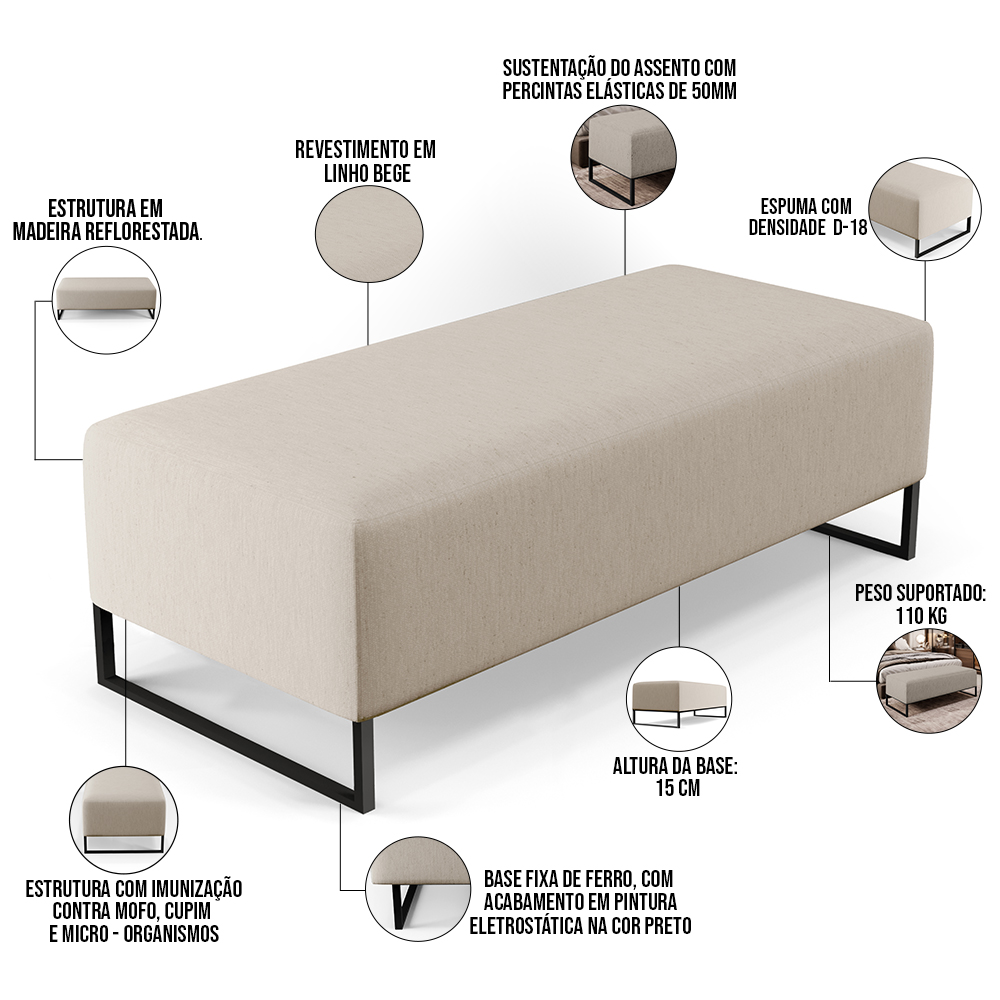 Kit 02 Puffs Decorativo Sala de Estar Bali W01 Base Ferro 120x50 cm Linho Bege - Lyam Decor