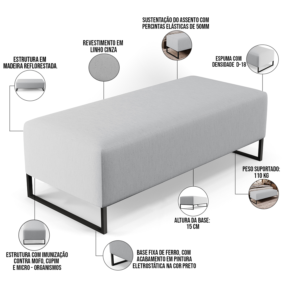 Kit 02 Puffs Decorativo Sala de Estar Bali W01 Base Ferro 120x50 cm Linho Cinza - Lyam Decor