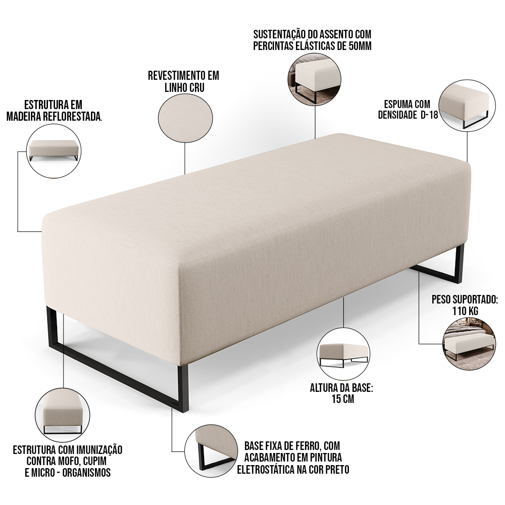 Kit 02 Puffs Decorativo Sala de Estar Bali W01 Base Ferro 120x50 cm Linho Cru - Lyam Decor