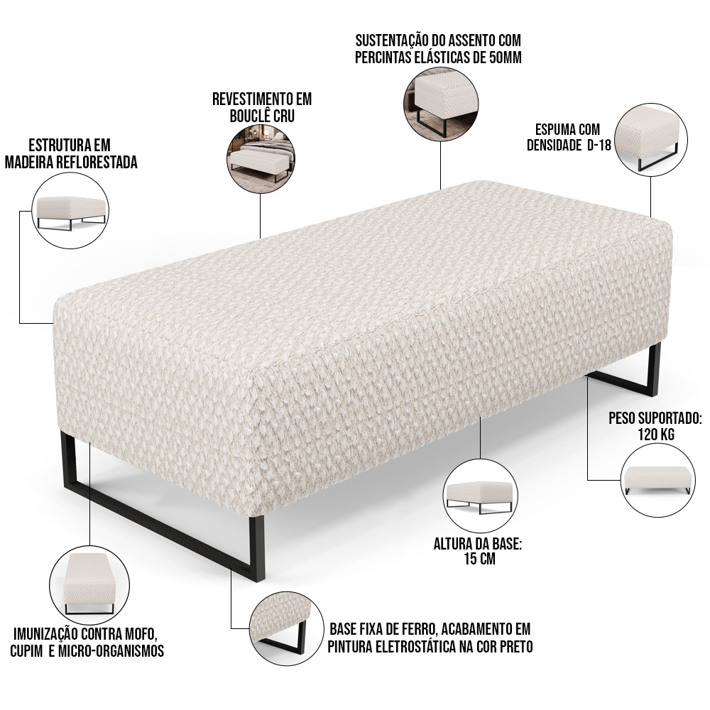 Kit 02 Puffs Decorativo Sala de Estar Bali W01 Base de Ferro 120x50 cm Bouclê Cru - Lyam