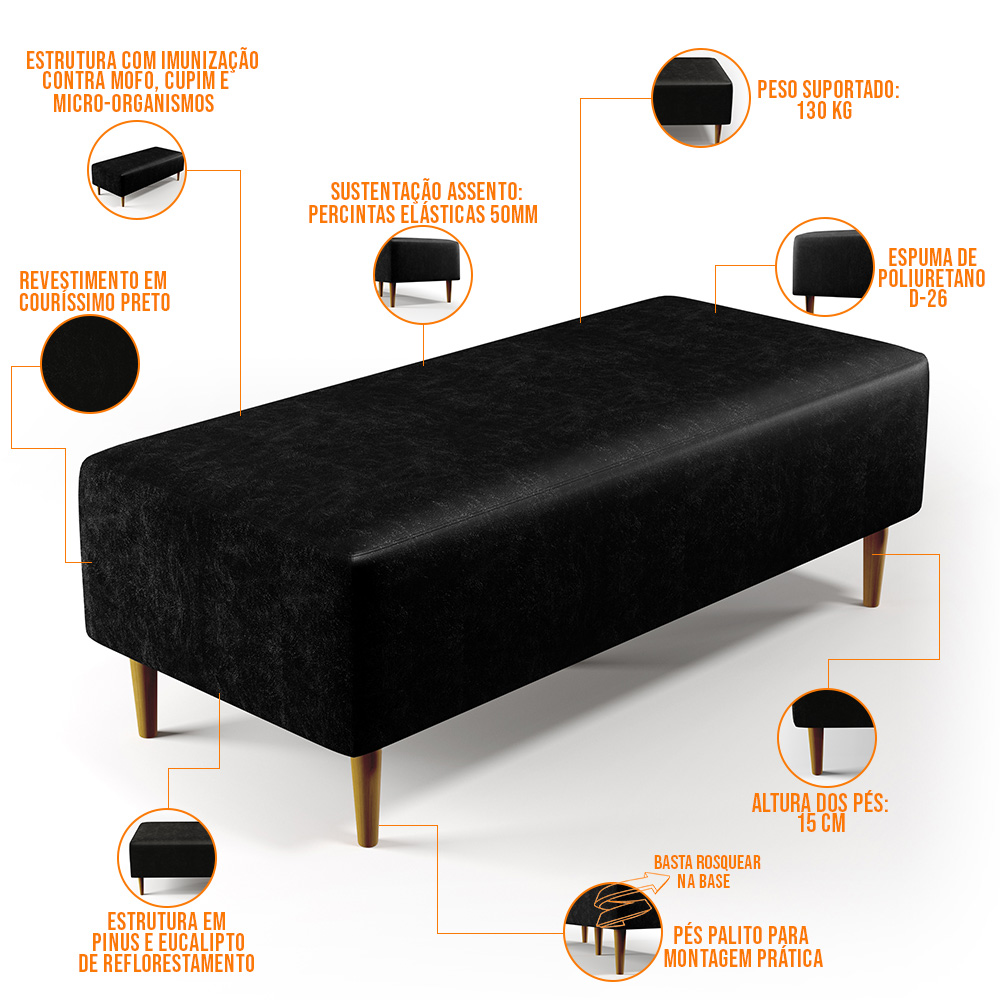 Kit 02 Puffs Decorativo Sala de Estar Bali W01 Pés Palito 120x50 cm Couríssimo Preto - Lyam Decor
