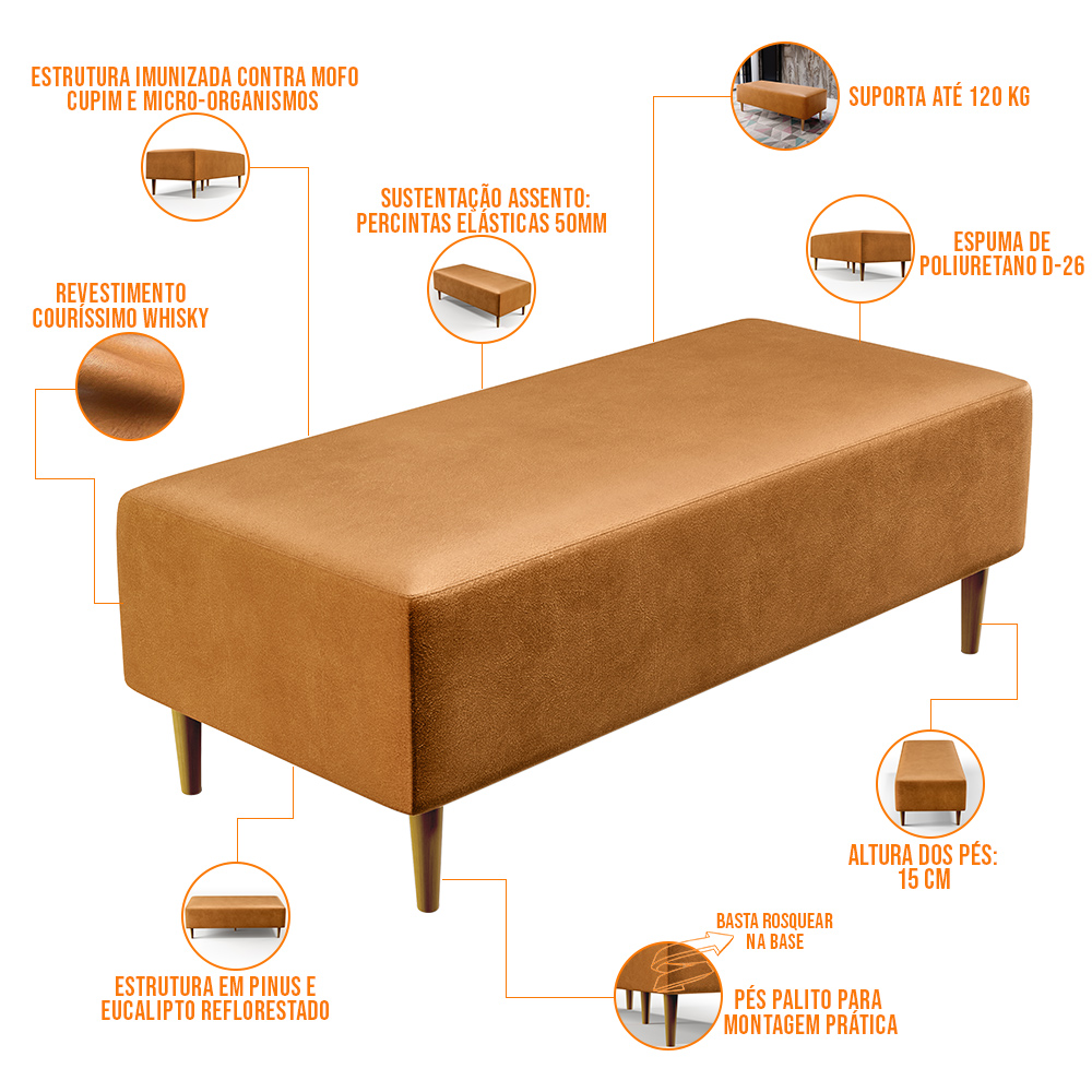 Kit 02 Puffs Decorativo Sala de Estar Bali W01 Pés Palito 120x50cm Couríssimo Whisky - Lyam Decor