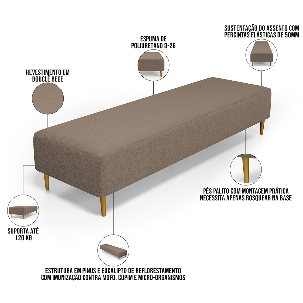 Kit 02 Puffs Decorativo Sala de Estar Bali W01 Pés Palito 170x60cm Bouclê Bege - Lyam Decor