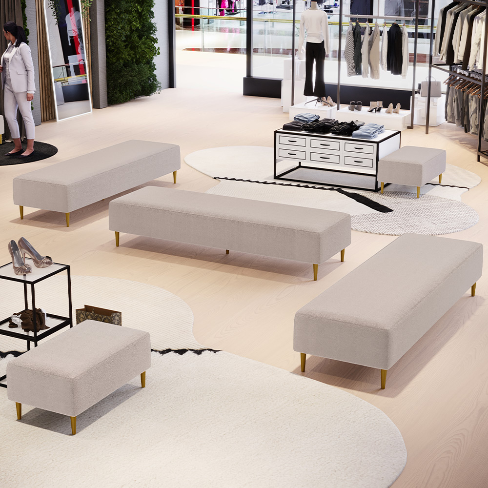 Kit 02 Puffs Decorativo Sala de Estar Bali W01 Pés Palito 170x60cm Bouclê Creme - Lyam Decor