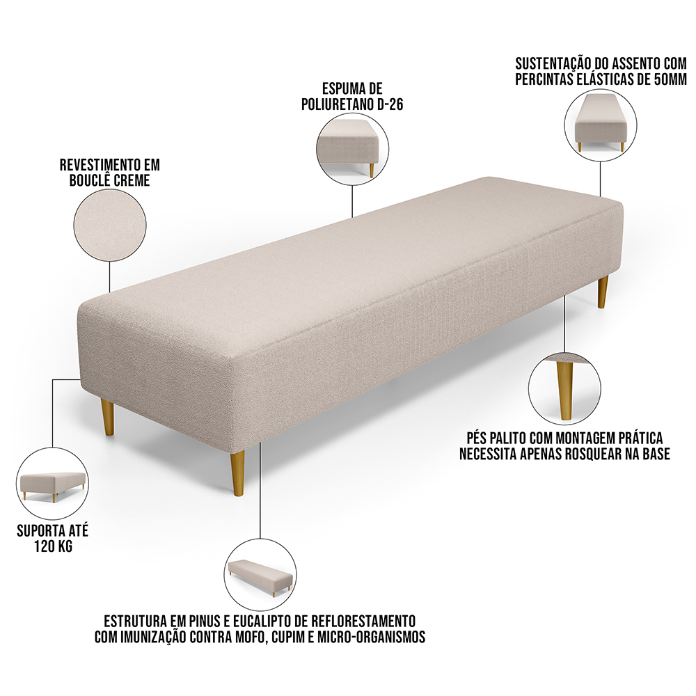 Kit 02 Puffs Decorativo Sala de Estar Bali W01 Pés Palito 170x60cm Bouclê Creme - Lyam Decor