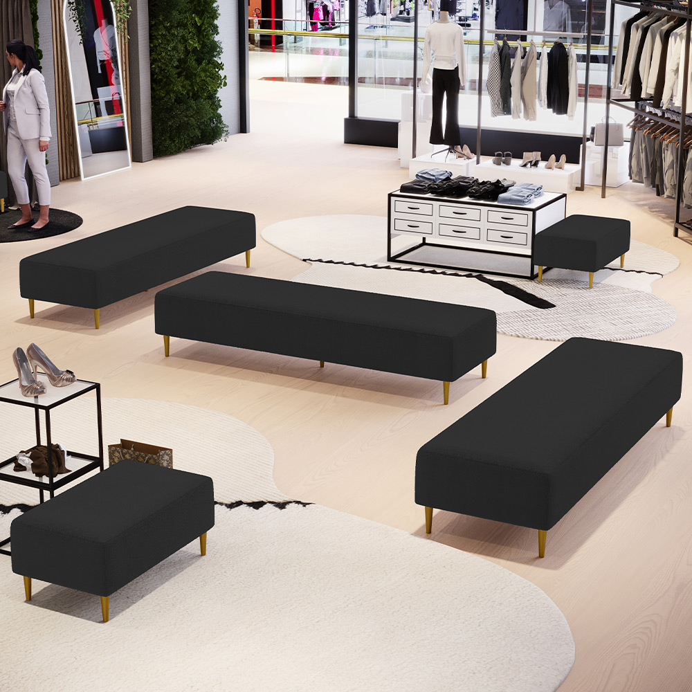Kit 02 Puffs Decorativo Sala de Estar Bali W01 Pés Palito 170x60cm Bouclê Preto - Lyam Decor