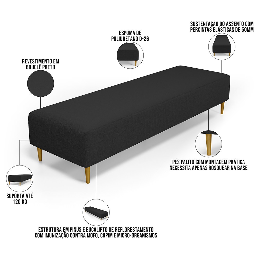 Kit 02 Puffs Decorativo Sala de Estar Bali W01 Pés Palito 170x60cm Bouclê Preto - Lyam Decor