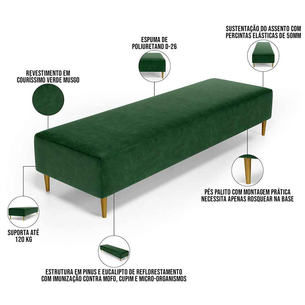 Kit 02 Puffs Decorativo Sala de Estar Bali W01 Pés Palito 170x60cm Couríssimo Verde musgo - Lyam Decor