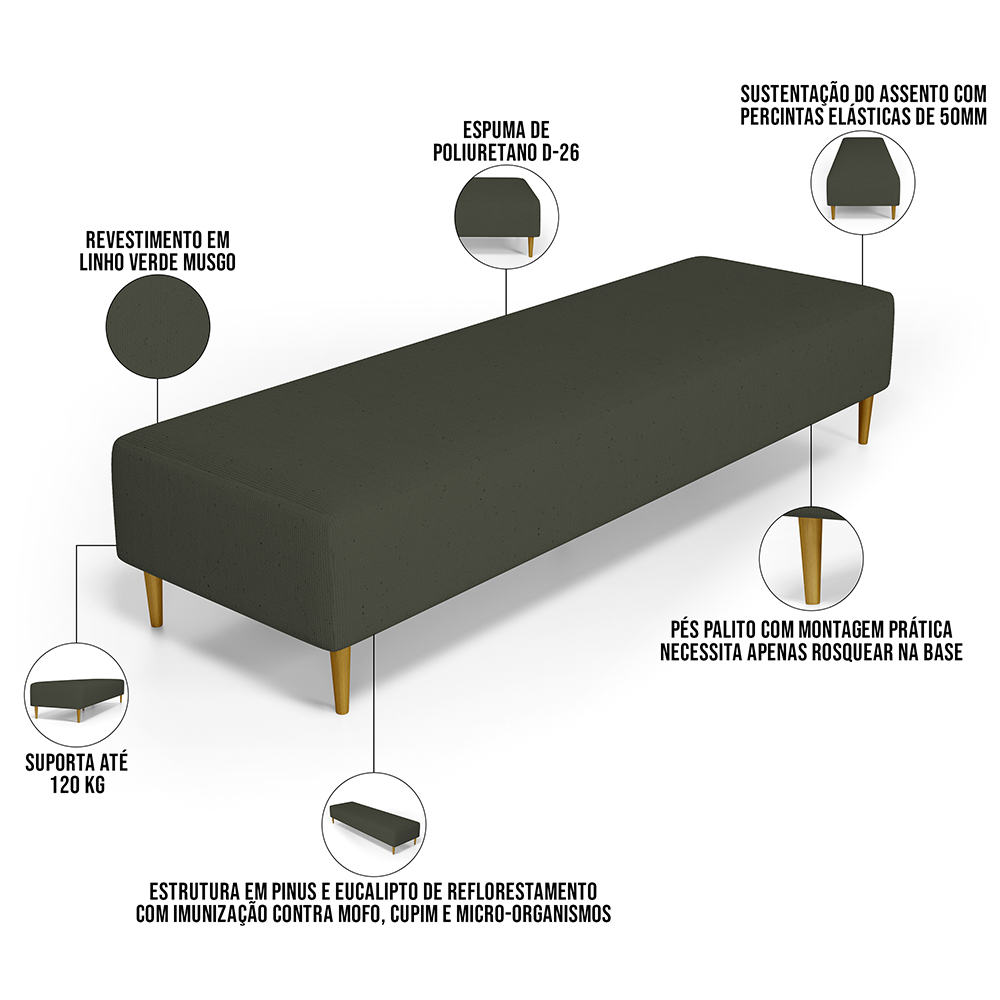Kit 02 Puffs Decorativo Sala de Estar Bali W01 Pés Palito 170x60cm Linho Verde Musgo - Lyam Decor