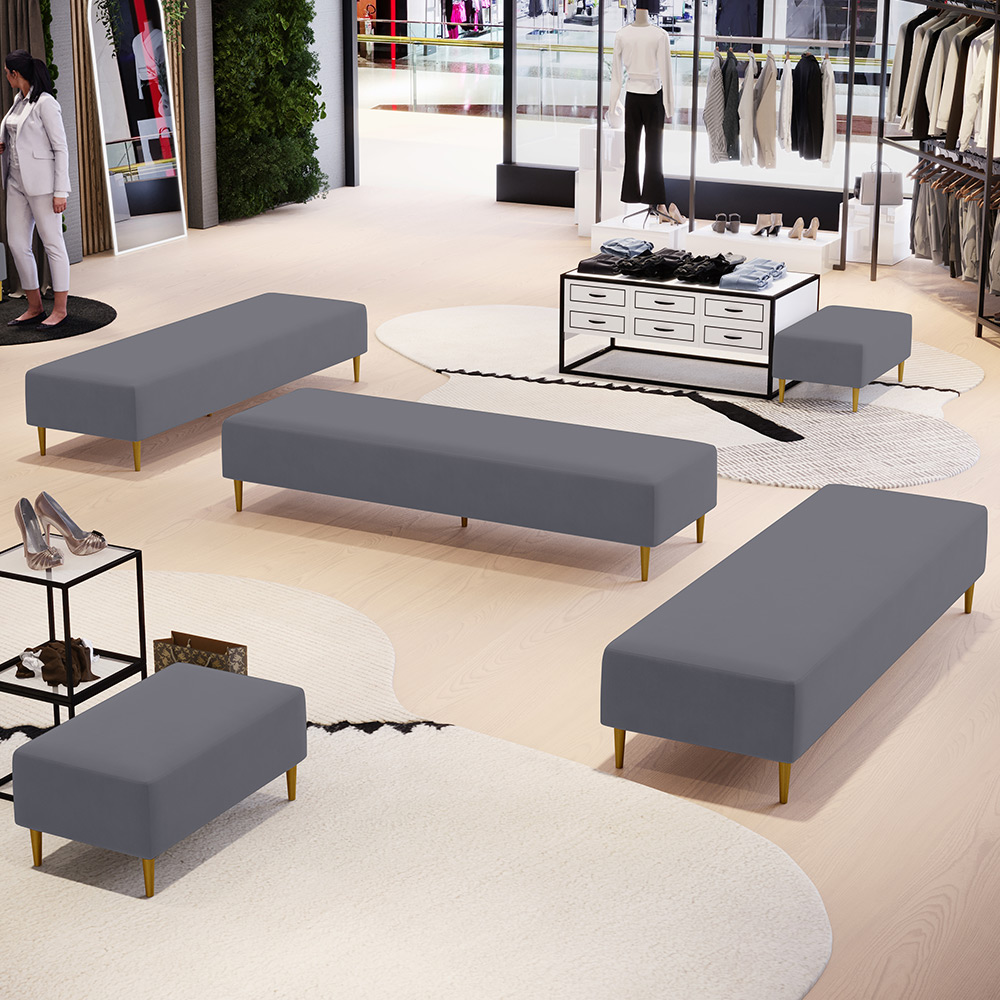 Kit 02 Puffs Decorativo Sala de Estar Bali W01 Pés Palito 170x60cm Suede Cinza - Lyam Decor